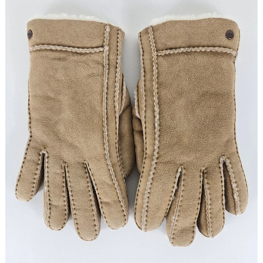 UGG Australia Womens‎ Chestnut Suede Shearling Lined Gloves Tan Sheepskin Fur L